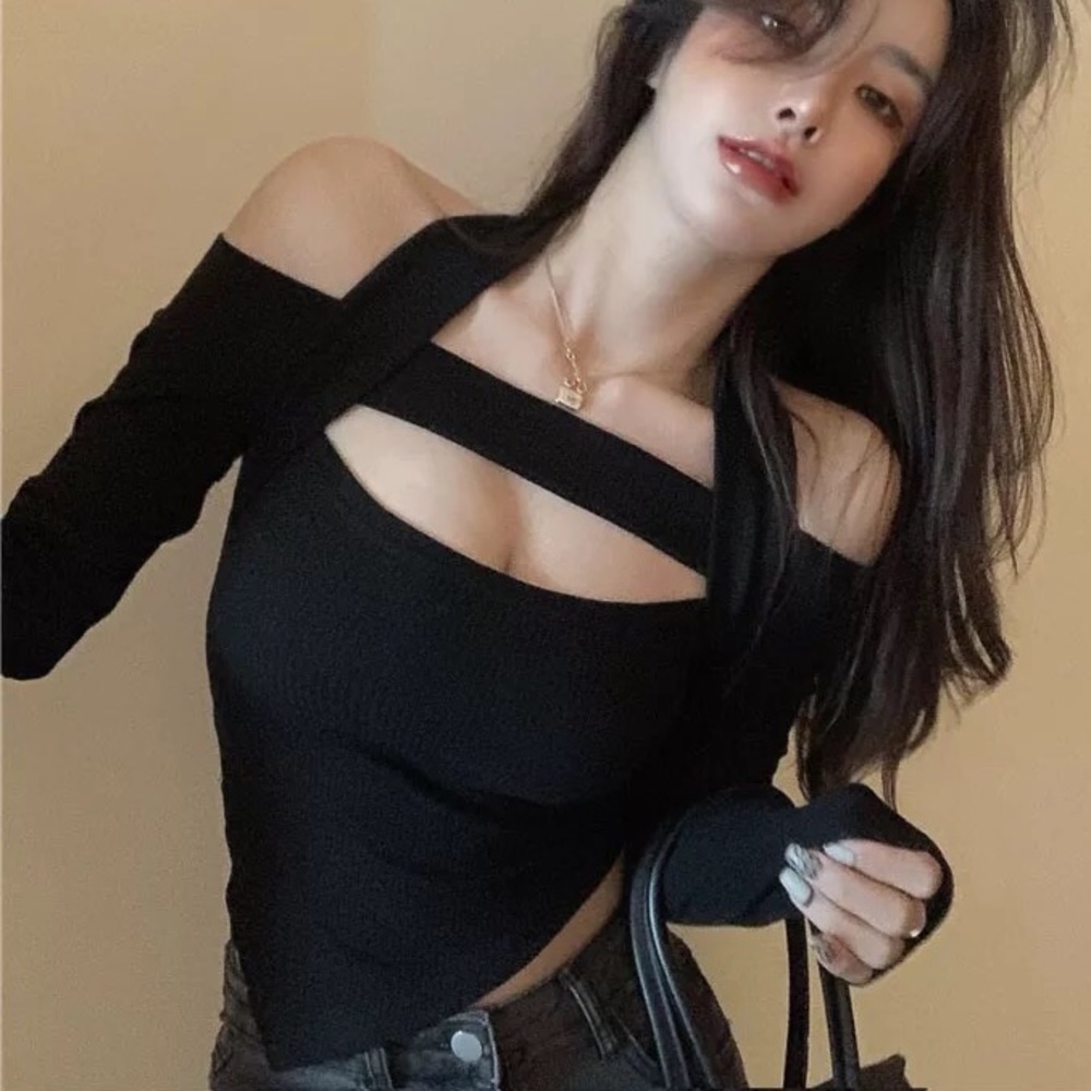 Shirt halter black womens off shoulder top sexy jersey long sleeve blue